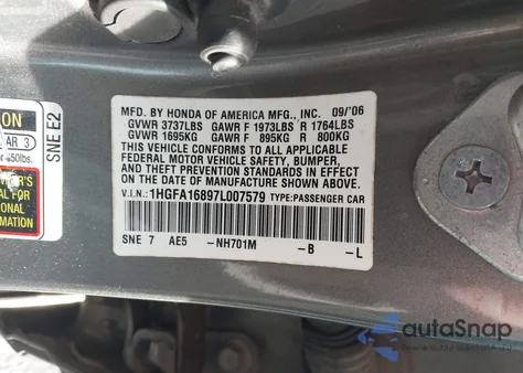 2007 Honda Civic Ex from USA, damaged, VIN 1HGFA16897L007579